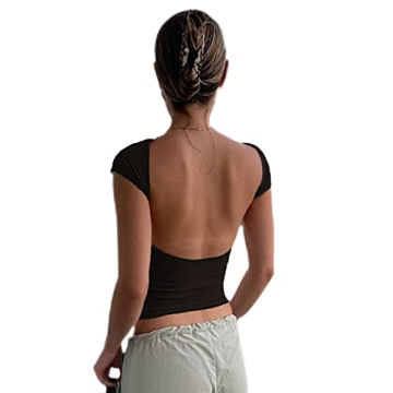 Women's Backless T-Shirts Y2K Crop Top Solid Casual Short Sleeve Sexy Vintage Cut Out 2023 Summer Fashion (Black, Small)