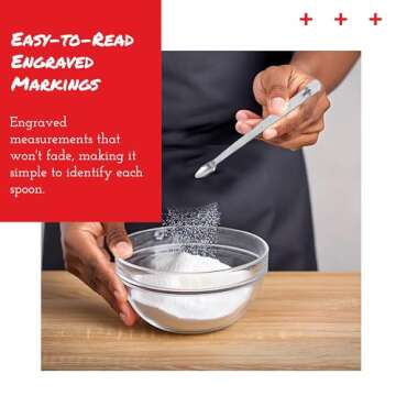 Amco Advanced Performance Measuring Spoons (Set of 6) - Includes 1 1/2 tbsp, 1 tbsp, 1 tsp, 1/2 tsp, 1/4 tsp, and 1/8 tsp, Dishwasher Safe Stainless Steel - Engraved Size Markings for Easy Use