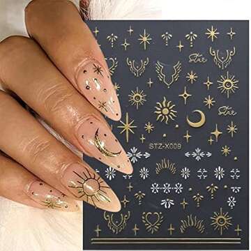 6 Sheets Gold Silver Nail Art Stickers Sun Moon Nail Stickers 3D Self-Adhesive Star Nail Decals Meta...