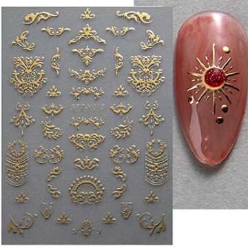 6 Sheets Gold Silver Nail Art Stickers Sun Moon Nail Stickers 3D Self-Adhesive Star Nail Decals Metallic Necklace Art Design Nail Art Supplies for Women Girls Acrylic Nails Decorations Accessories