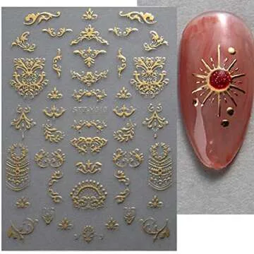 6 Sheets Gold Silver Nail Art Stickers Sun Moon Nail Stickers 3D Self-Adhesive Star Nail Decals Metallic Necklace Art Design Nail Art Supplies for Women Girls Acrylic Nails Decorations Accessories