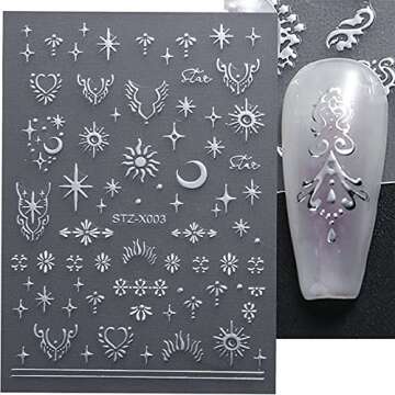 6 Sheets Gold Silver Nail Art Stickers Sun Moon Nail Stickers 3D Self-Adhesive Star Nail Decals Metallic Necklace Art Design Nail Art Supplies for Women Girls Acrylic Nails Decorations Accessories