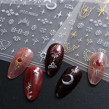 6 Sheets Gold Silver Nail Art Stickers Sun Moon Nail Stickers 3D Self-Adhesive Star Nail Decals Metallic Necklace Art Design Nail Art Supplies for Women Girls Acrylic Nails Decorations Accessories