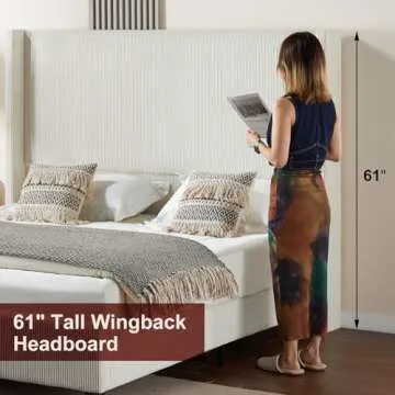 HOWE Queen Size 61" Corduroy Upholstered Bed Frame, Platform Bed with Vertical Stripe Wingback Headboard, No Box Spring Needed/Noise Free/Solid Wood Slats & Legs/Cream