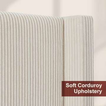 HOWE Queen Size 61" Corduroy Upholstered Bed Frame, Platform Bed with Vertical Stripe Wingback Headboard, No Box Spring Needed/Noise Free/Solid Wood Slats & Legs/Cream