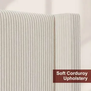 HOWE Queen Size 61" Corduroy Upholstered Bed Frame, Platform Bed with Vertical Stripe Wingback Headboard, No Box Spring Needed/Noise Free/Solid Wood Slats & Legs/Cream