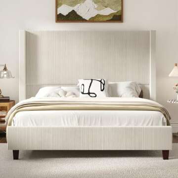 HOWE Queen Size 61" Corduroy Upholstered Bed Frame, Platform Bed with Vertical Stripe Wingback Headboard, No Box Spring Needed/Noise Free/Solid Wood Slats & Legs/Cream