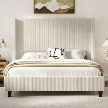 HOWE Queen Size 61" Corduroy Upholstered Bed Frame, Platform Bed with Vertical Stripe Wingback Headboard, No Box Spring Needed/Noise Free/Solid Wood Slats & Legs/Cream