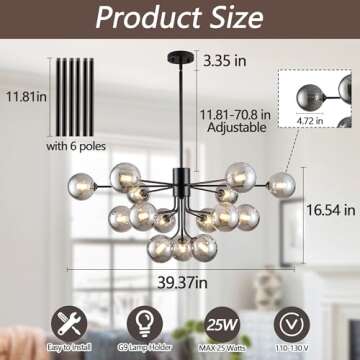 Chandeliers for Dining Room,15 Lights Sputnik Chandeliers 39 Inch Modern Chandelier Black Sputnik Ce...