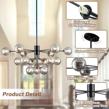 Chandeliers for Dining Room,15 Lights Sputnik Chandeliers 39 Inch Modern Chandelier Black Sputnik Ceiling Light Fixture with Smoke Glass Globe Chandelier Pendant Light for Kitchen Island Living Room