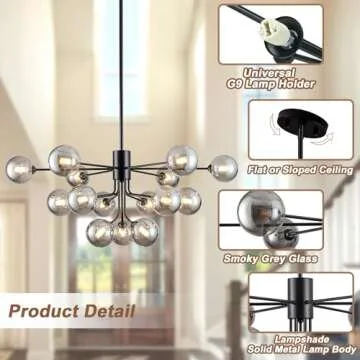 Elegant 15-Light Sputnik Chandelier with Smoke Glass Globes