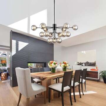 Chandeliers for Dining Room,15 Lights Sputnik Chandeliers 39 Inch Modern Chandelier Black Sputnik Ceiling Light Fixture with Smoke Glass Globe Chandelier Pendant Light for Kitchen Island Living Room