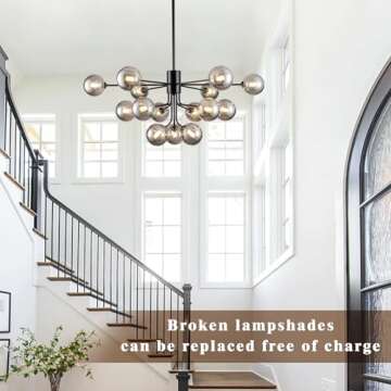Chandeliers for Dining Room,15 Lights Sputnik Chandeliers 39 Inch Modern Chandelier Black Sputnik Ceiling Light Fixture with Smoke Glass Globe Chandelier Pendant Light for Kitchen Island Living Room