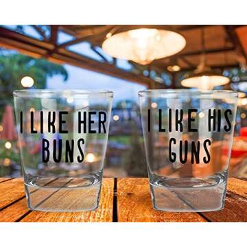 AW Fashions - I Like Her Buns, I Like His Guns - Wedding Gift For Newlyweds Couples - Funny Engagement Or Anniversary Present - 2 Pack Round Set of Shot Glass