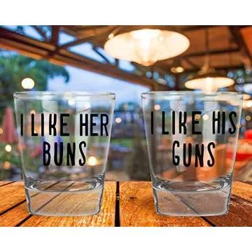 AW Fashions - I Like Her Buns, I Like His Guns - Wedding Gift For Newlyweds Couples - Funny Engagement Or Anniversary Present - 2 Pack Round Set of Shot Glass
