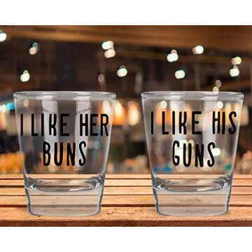 AW Fashions - I Like Her Buns, I Like His Guns - Wedding Gift For Newlyweds Couples - Funny Engagement Or Anniversary Present - 2 Pack Round Set of Shot Glass