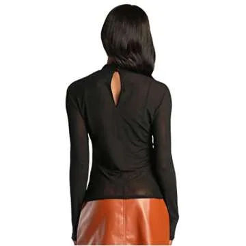 Azhong Women’s Sheer Mesh Tops Long Sleeve See Through Blouse Round Neck Sexy Clubwear Shirts Black