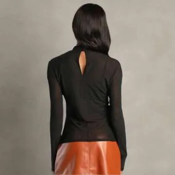 Azhong Women’s Sheer Mesh Tops Long Sleeve See Through Blouse Round Neck Sexy Clubwear Shirts Black