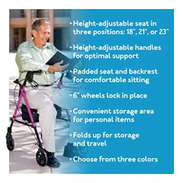 Carex Step 'N Rest Aluminum Rolling Walker For Seniors, Pink - Rollator Walker With Seat - With Back...