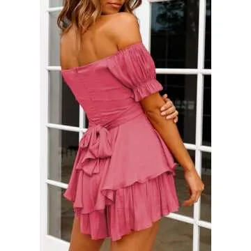 Women Off Shoulder Romper Shorts Boho Floral Ruffle Tie Waist Dressy Jumpsuit Rose Red S