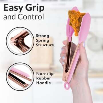 Zulay Stainless Steel Kitchen Tongs with Silicone Tips - Set of 2 (9” & 12”) Locking Cooking Tongs with Non-Slip Grip - Heat Resistant, BBQ Food Tongs for Non-Stick Cooking Pans (Rose Gold/Pink)