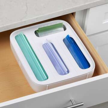 StoraBag Drawer Food Bags Dispenser, 4-Slot, Plastic Sandwich Bag Organizer for Kitchen Storage, White