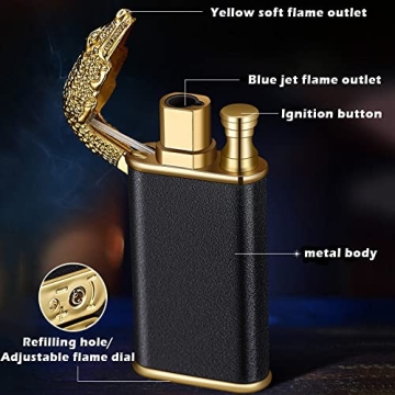 Laicengo Jet Torch Lighter, Cool Crocodile Lighter, Soft/Jet Flame Switchable Lighter, Metal Pípe Lighter with Adjustable Flame Dial, Butane Refillable for Men/Husband (Fuel not Included)