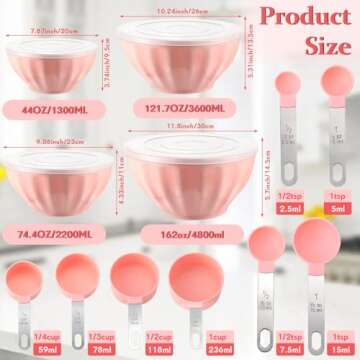 Ziliny 4 Pcs Mixing Bowls with Lids Plastic Nesting Bowls Set with Stainless Steel Colander 8 Pcs Measuring Cups and Spoons Set and Foldable Kitchen Funnel for Kitchen Cooking Accessories (Pink)
