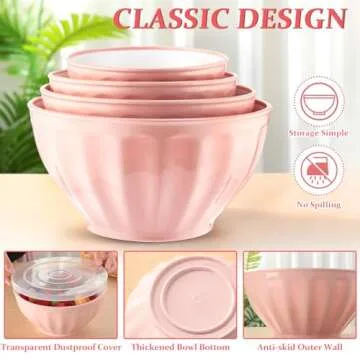 Ziliny 4 Pcs Mixing Bowls with Lids Plastic Nesting Bowls Set with Stainless Steel Colander 8 Pcs Measuring Cups and Spoons Set and Foldable Kitchen Funnel for Kitchen Cooking Accessories (Pink)