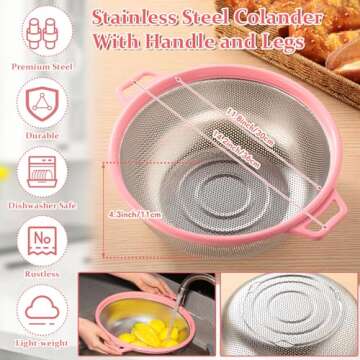 Ziliny 4 Pcs Mixing Bowls with Lids Plastic Nesting Bowls Set with Stainless Steel Colander 8 Pcs Measuring Cups and Spoons Set and Foldable Kitchen Funnel for Kitchen Cooking Accessories (Pink)