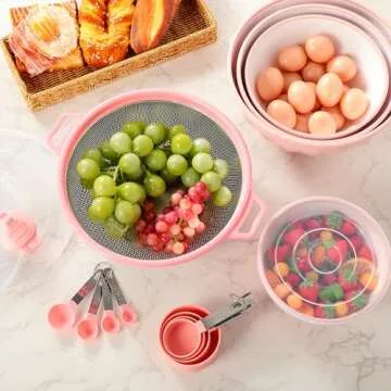 Ziliny 4 Pcs Mixing Bowls with Lids Plastic Nesting Bowls Set with Stainless Steel Colander 8 Pcs Measuring Cups and Spoons Set and Foldable Kitchen Funnel for Kitchen Cooking Accessories (Pink)