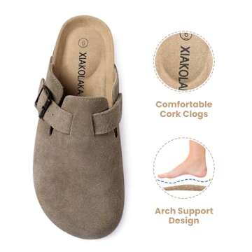 Xiakolaka Women's Suede Clogs Adjustable Buckle Slip on Footbed Home Clog Slippers Taupe Size 8