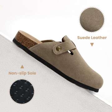 Xiakolaka Women's Suede Clogs Adjustable Buckle Slip on Footbed Home Clog Slippers Taupe Size 8