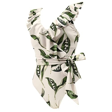 MOSHENGQI Women Ruffle One Piece Swimsuit V Neck Tummy Control Bathing Suit Wrap Monokini Swimwear（L,60-Ruffle White Leaves