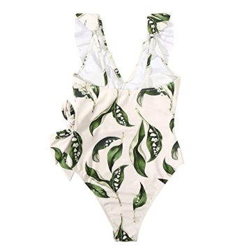 MOSHENGQI Women Ruffle One Piece Swimsuit V Neck Tummy Control Bathing Suit Wrap Monokini Swimwear（L,60-Ruffle White Leaves