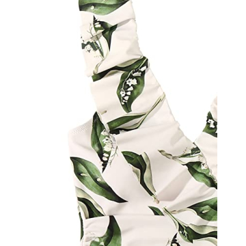 MOSHENGQI Women Ruffle One Piece Swimsuit V Neck Tummy Control Bathing Suit Wrap Monokini Swimwear（L,60-Ruffle White Leaves