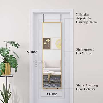 Beauty4U 50" X 14" Over The Door Mirror Full Length, Hanging Mirror for Door, Over Door Full Body Mirror with Hooks, Door Mirror for Bedroom, Living Room, Closet, Bathroom, Gold