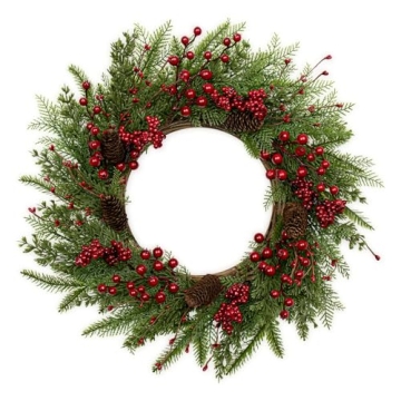 JINGHONG Artificial Christmas Wreath 22 Inch Christmas Wreaths for Front Door Winter Wreath with Red...