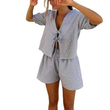 Yuemengxuan Women Y2k Peplum Shirt Shorts Set Two Piece Lounge Set Pajamas Sets Puff Sleeve Tie Fron...