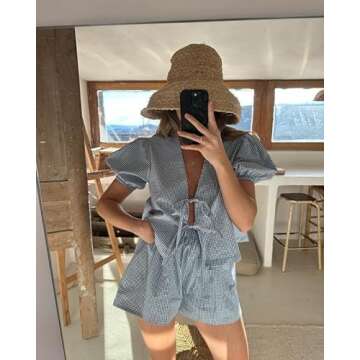 Yuemengxuan Women Y2k Peplum Shirt Shorts Set Two Piece Lounge Set Pajamas Sets Puff Sleeve Tie Front Top 2pcs Outfits Set (Blue #ruy7, S)