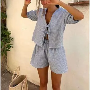 Yuemengxuan Women Y2k Peplum Shirt Shorts Set Two Piece Lounge Set Pajamas Sets Puff Sleeve Tie Front Top 2pcs Outfits Set (Blue #ruy7, S)