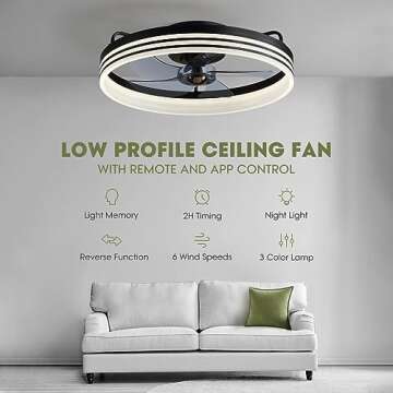 LUDOMIDE Ceiling Fans with Lights, Flush Mount Ceiling Fan with Lights and Remote, 6 Wind Speeds Sma...