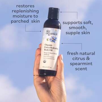Sky Organics Body Oil, Extra Hydrating & Nourishing Organic Skin Care with Borage Oil, Acai & Sweet Almond Oil, Moisturizing Massage Oil, Refreshing Orange & Spearmint Scent, 6 fl oz