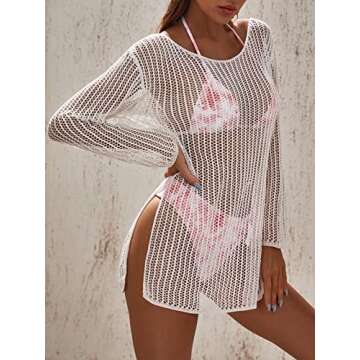 MakeMeChic Women's Crochet Cover Up Long Sleeve Knitted Beach Swimwear Cover Ups Dress White L