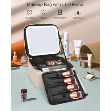 Relavel Makeup Bag with Light Up Mirror, Makeup Case Travel Cosmetic Bags Brush Organizer Storage Box, Rechargeable Vanity Mirror with 3 Color Lights, High Frame Mirror Protection (Beige)