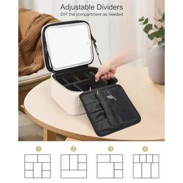 Relavel Makeup Bag with Light Up Mirror, Makeup Case Travel Cosmetic Bags Brush Organizer Storage Box, Rechargeable Vanity Mirror with 3 Color Lights, High Frame Mirror Protection (Beige)