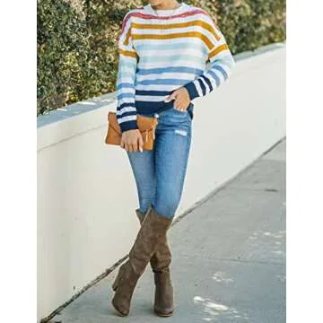 ZESICA Women's Long Sleeve Crew Neck Striped Color Block Casual Loose Knitted Pullover Sweater Tops, Multi-color, XL