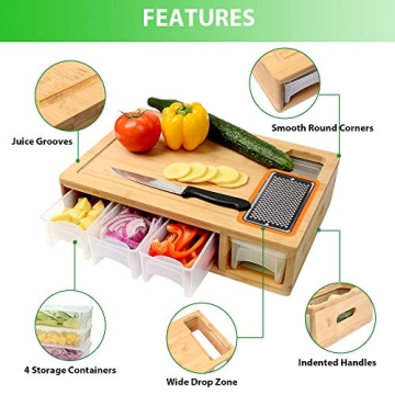 COMELLOW Bamboo Cutting Board with Containers, Lids, and Graters, Large Wood Cutting Board with Containers, Food Dropping Zone, Carving Board with Easy-grip Handle, Juice Groove