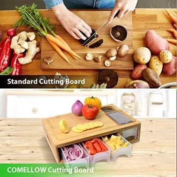 COMELLOW Bamboo Cutting Board with Containers, Lids, and Graters, Large Wood Cutting Board with Containers, Food Dropping Zone, Carving Board with Easy-grip Handle, Juice Groove