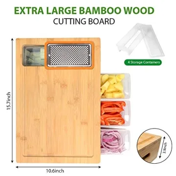 COMELLOW Bamboo Cutting Board with Containers, Lids, and Graters, Large Wood Cutting Board with Containers, Food Dropping Zone, Carving Board with Easy-grip Handle, Juice Groove